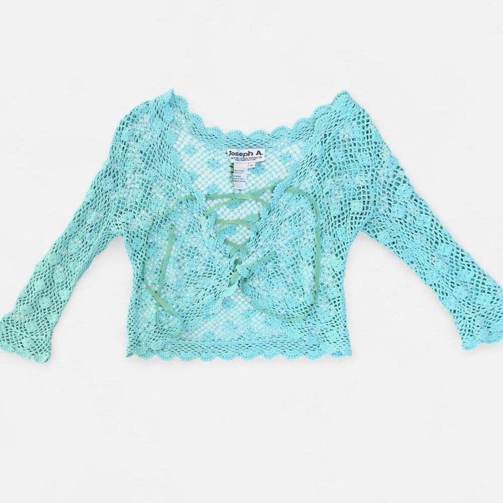 Joseph A. Vintage Turquoise Crochet Lace Up Fairy Cardigan
